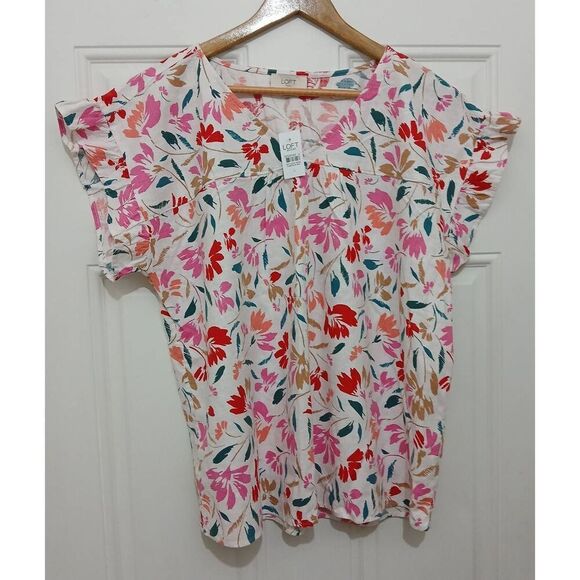 Ann Taylor womens large linen viscose red pink floral shirt flutter sleeve top - Picture 2 of 8